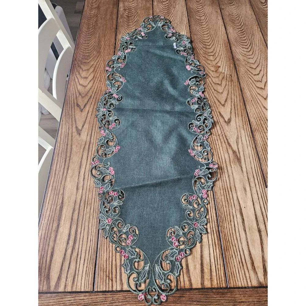Christmas Holly Green Embroidered Cutout Table Runner 36 Inch Holiday Decor